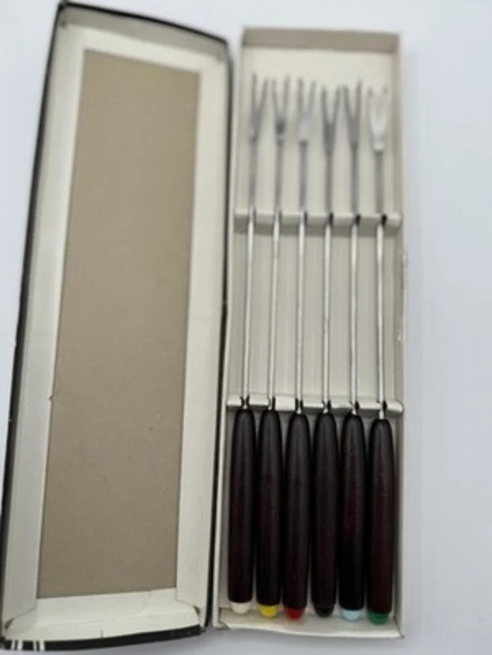 Set of 6 vintage 1960’s Fondue Forks with Color  Knobs Wood Stainless Steel